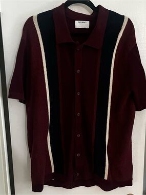 Old Navy Burgundy Button-Down Short Sleeve Shirt with Black and Cream Stripes